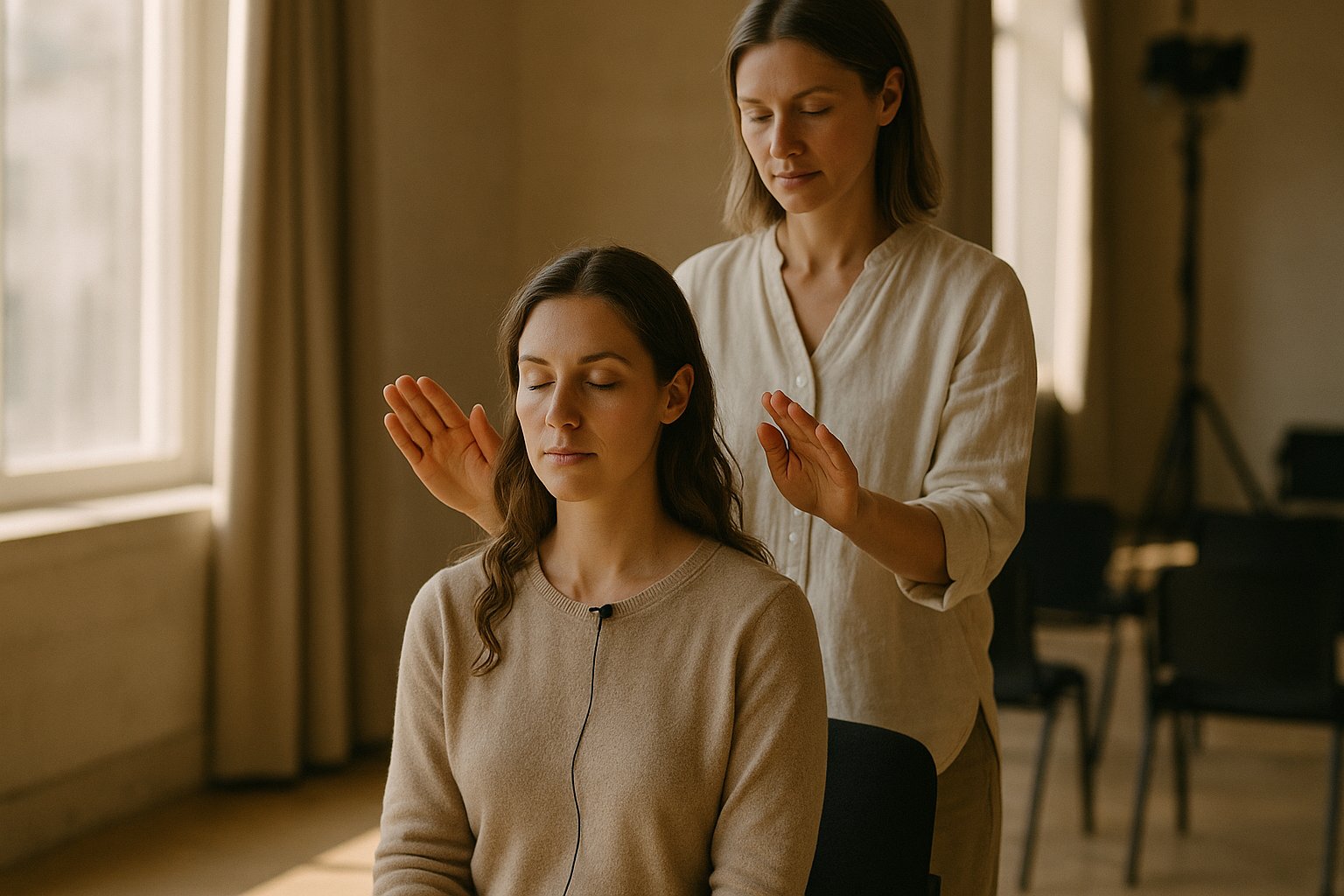 Praticante de Reiki com as mãos próximas aos ombros de uma pessoa sentada, em sala iluminada pelo sol, preparando-se para falar em público; clima sereno e foco suave.
