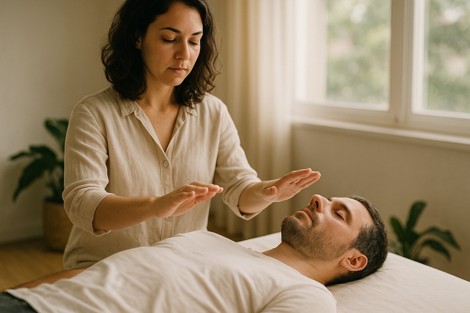Terapeuta aplicando Reiki sem toque sobre o peito e a cabeça de uma pessoa deitada em maca, luz natural suave em estúdio no Guará I, Brasília-DF