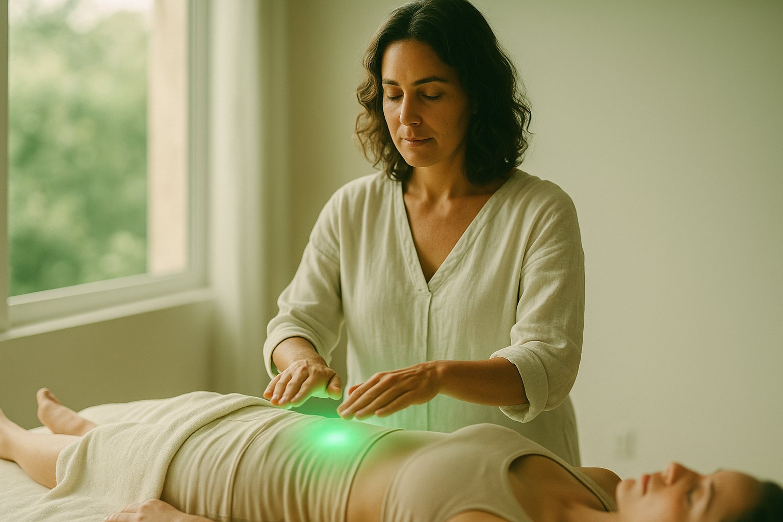 Terapeuta aplica Reiki sobre o abdômen de uma pessoa deitada, com iluminação verde suave e luz natural no estúdio, clima calmo e acolhedor.