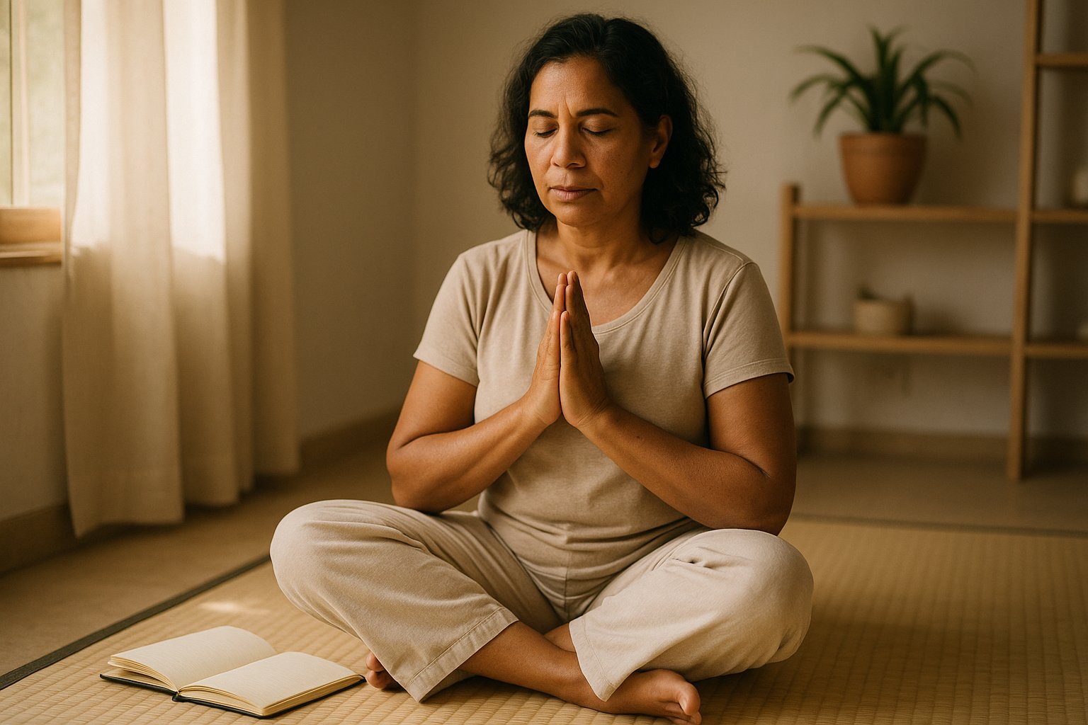 Mulher brasileira sentada em estúdio iluminado pela manhã, mãos em gassho e um caderno ao lado, ambiente neutro e acolhedor no Guará I, Brasília.