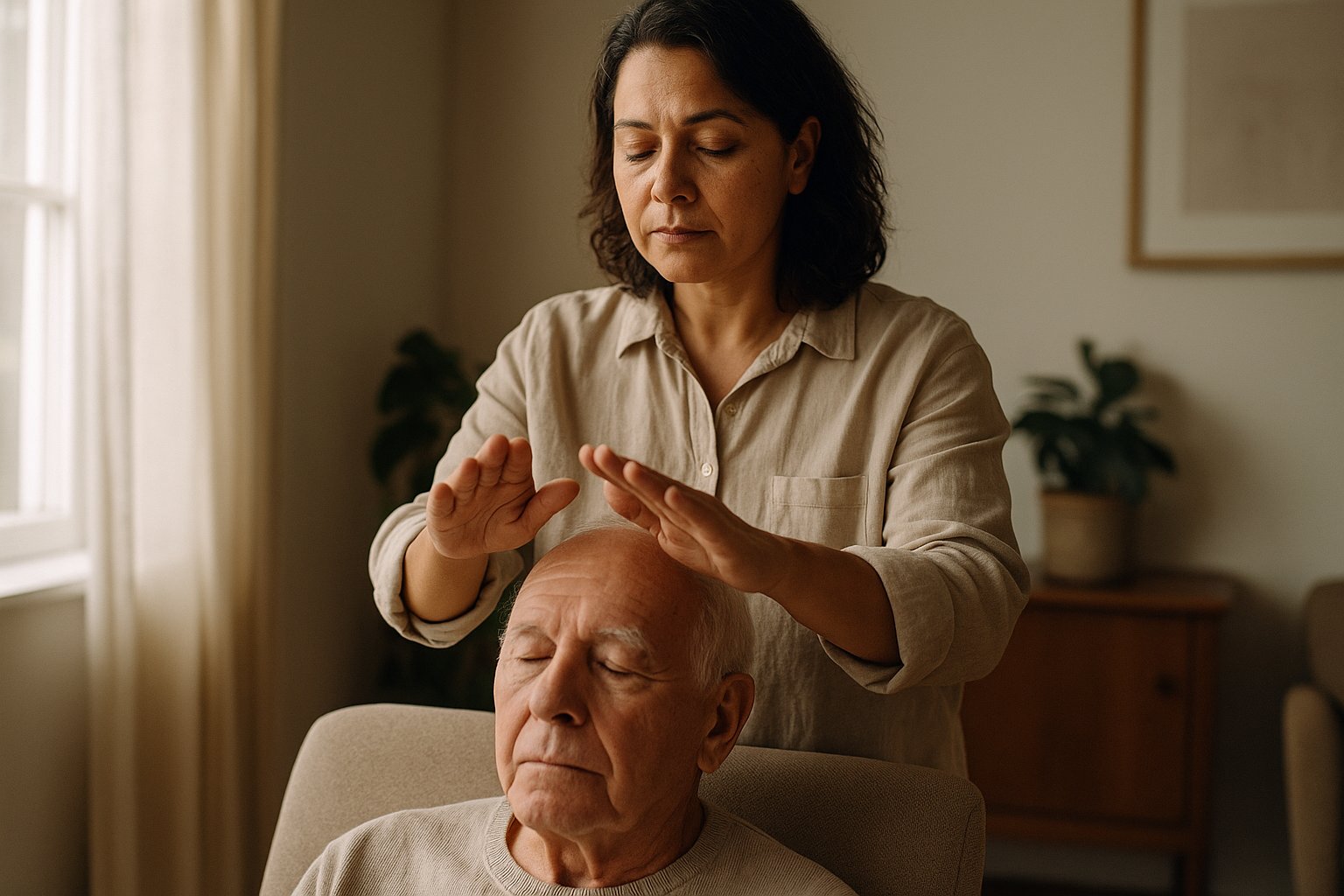 Mulher brasileira de meia-idade oferecendo uma sessão suave de Reiki, mãos pairando sobre um idoso sentado, com luz natural suave e ambiente neutro no lar.