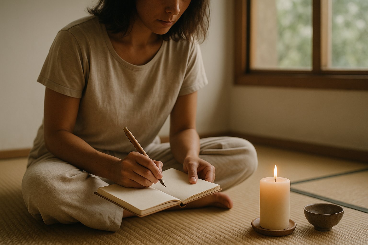 Pessoa escrevendo um diário de prática de Reiki sentada em um tatame, com vela acesa ao lado e luz natural entrando pela janela.