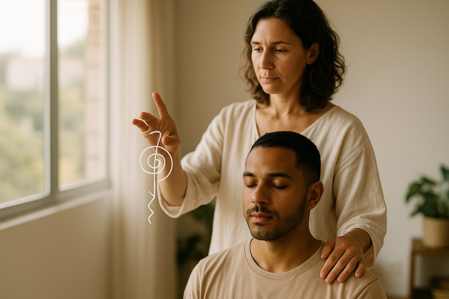 Terapeuta de Reiki traçando um símbolo no ar sobre os ombros de uma cliente sentada, estúdio com luz natural e tons neutros