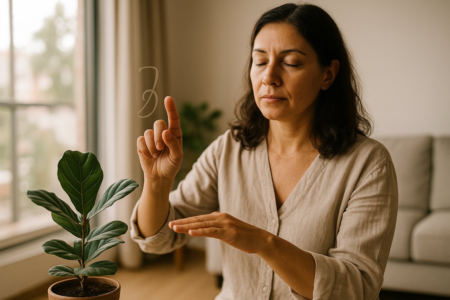Praticante de Reiki em sala de estar iluminada, desenhando um símbolo no ar próximo a uma planta, com luz natural suave pela janela e tons neutros.
