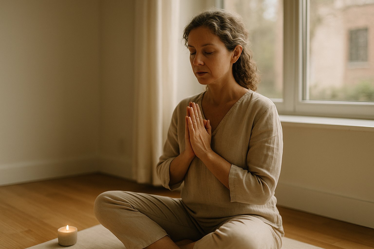 Praticante de Reiki sentado(a) perto da janela, mãos em gassho e vela acesa ao lado, luz natural suave em estúdio.