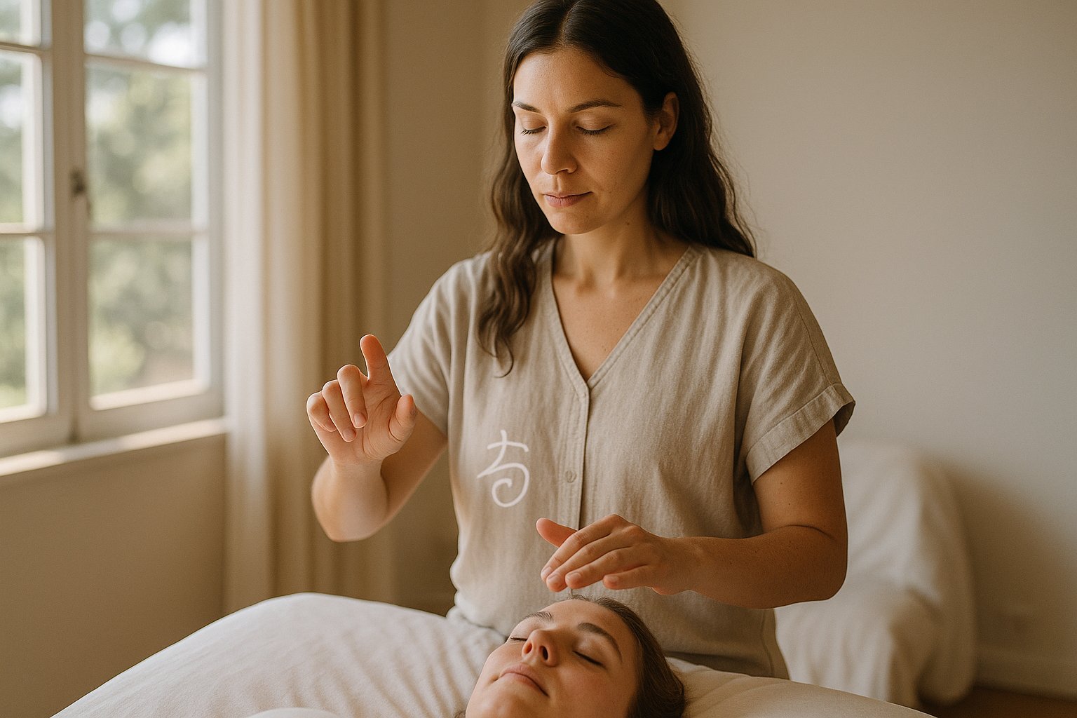 Terapeuta de Reiki aplicando sessão presencial em estúdio iluminado, mãos sobre os ombros do cliente em maca, atmosfera calma e luz natural no Guará I, Brasília-DF
