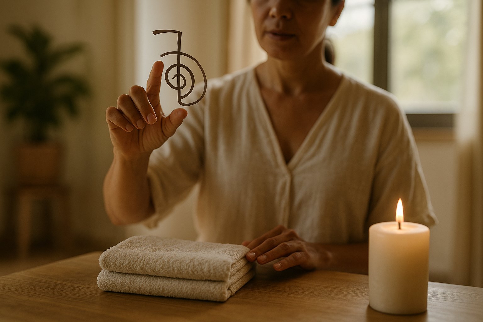 Mãos de praticante de Reiki desenhando um símbolo no ar em estúdio iluminado, com vela e toalha sobre mesa de madeira; foco suave e luz natural.