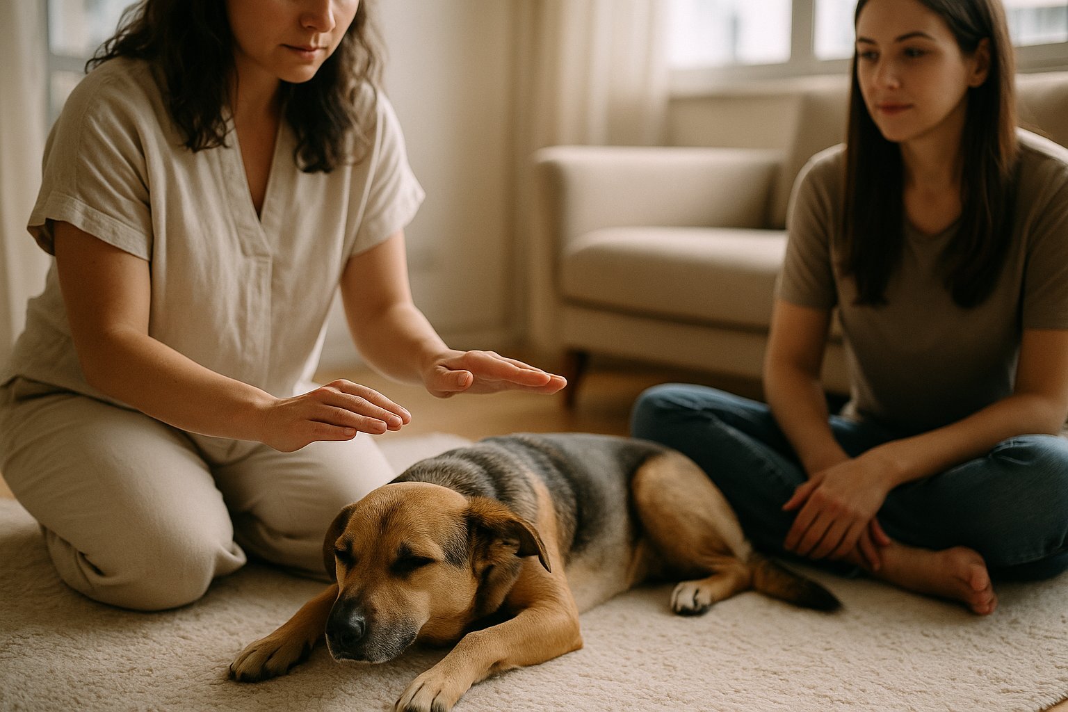 Terapeuta de Reiki com as mãos pairando a poucos centímetros do dorso de um cachorro calmo, tutor ao lado, sala iluminada por luz natural em Brasília.
