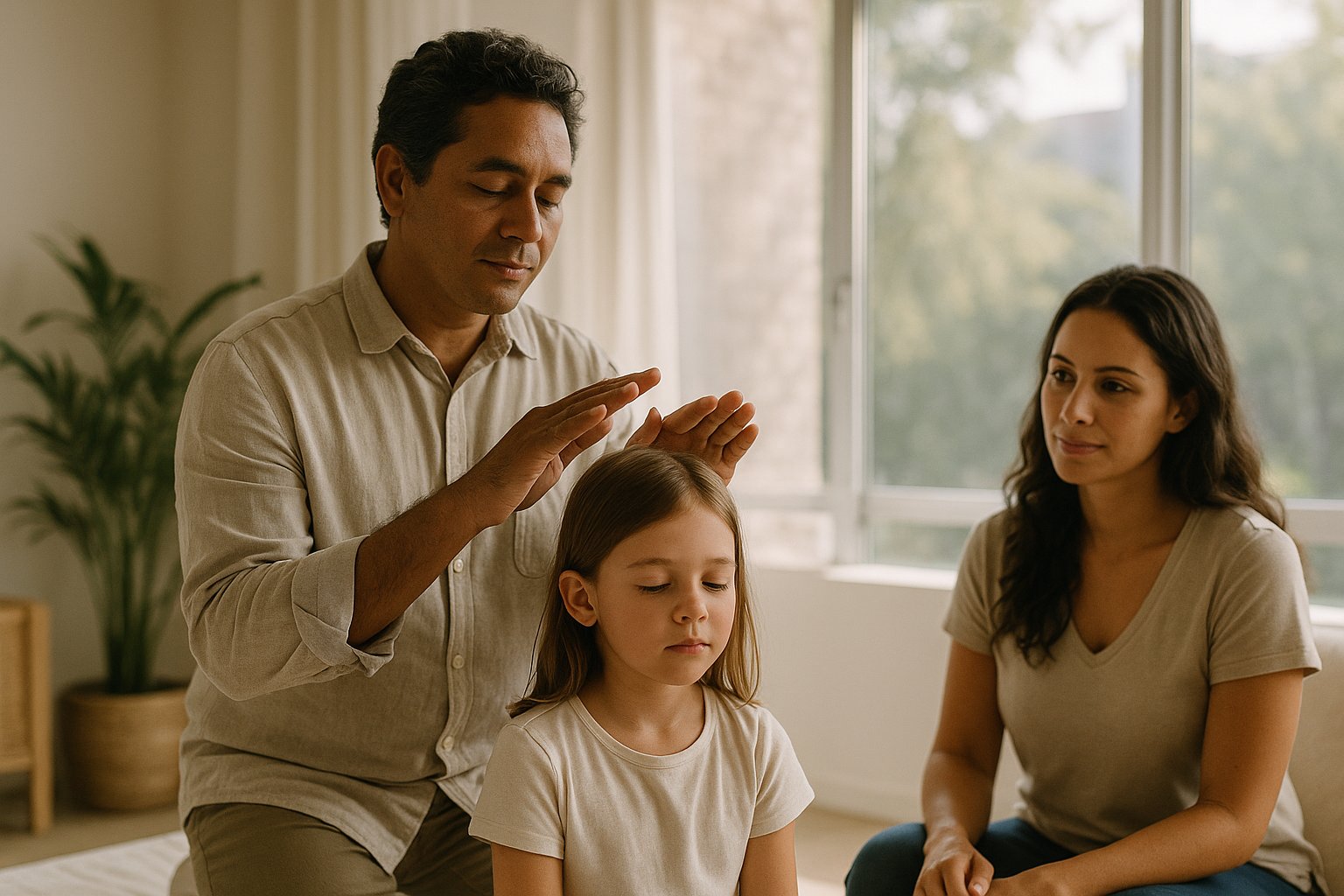Terapeuta aplicando Reiki suave em uma criança com a mãe ao lado, em estúdio iluminado no Guará I, Brasília-DF