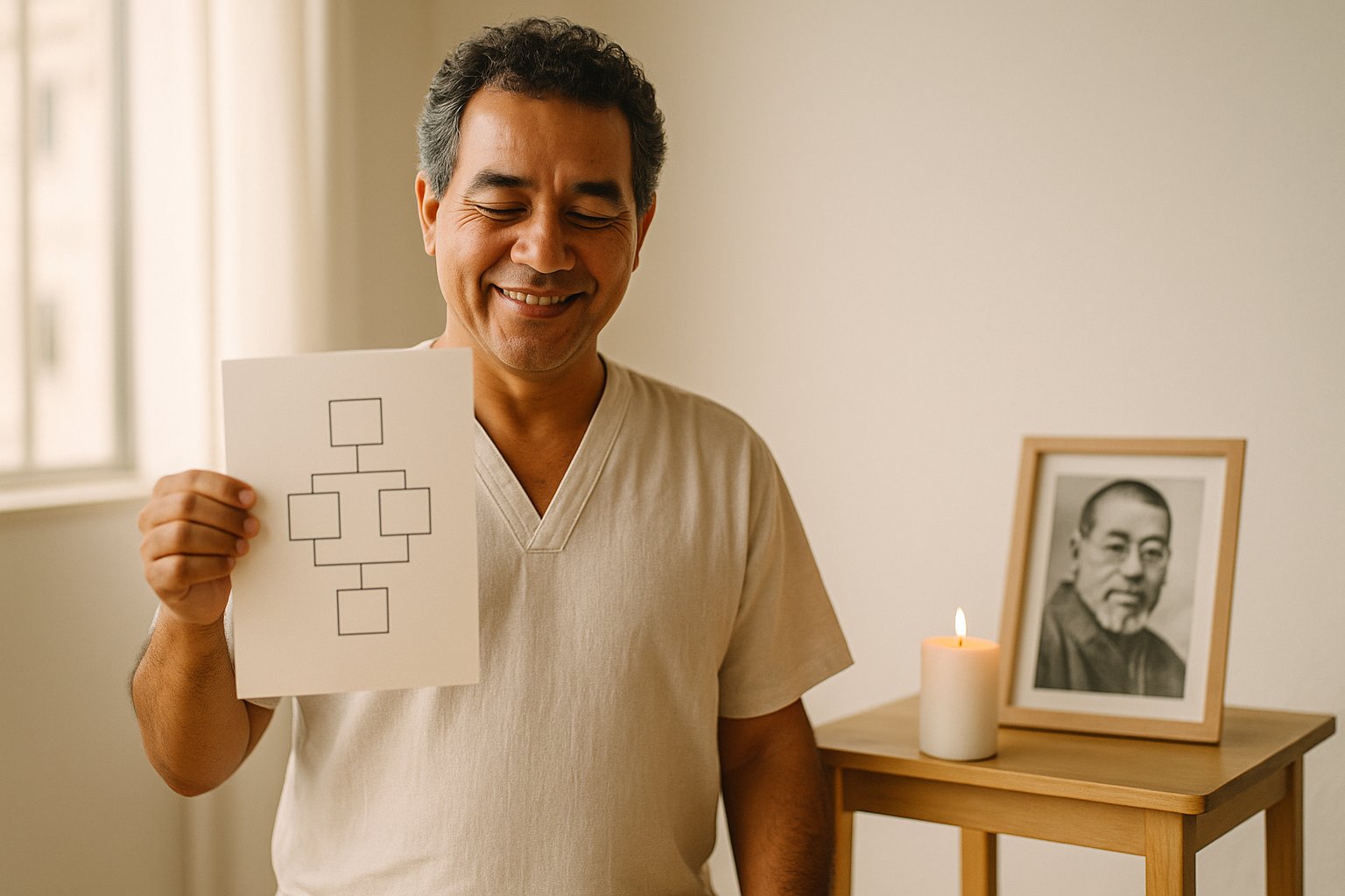 Professora de Reiki em estúdio iluminado em Brasília segurando um quadro de linhagem, com vela e foto de Mikao Usui sobre uma mesinha ao lado.