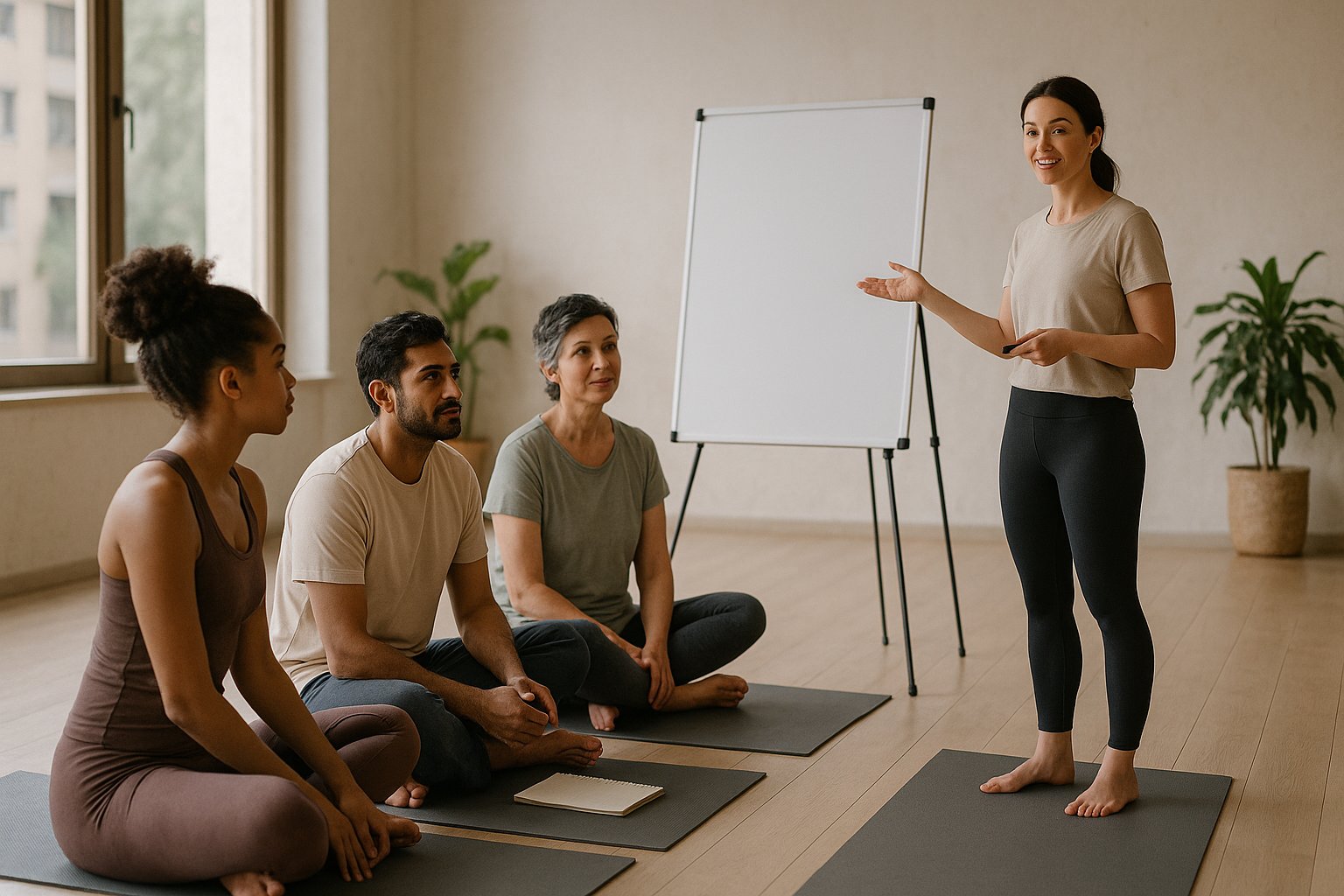 Grupo pequeno em estúdio de yoga iluminado, professora orienta o planejamento da semana com tapetes ao redor, luz natural suave.