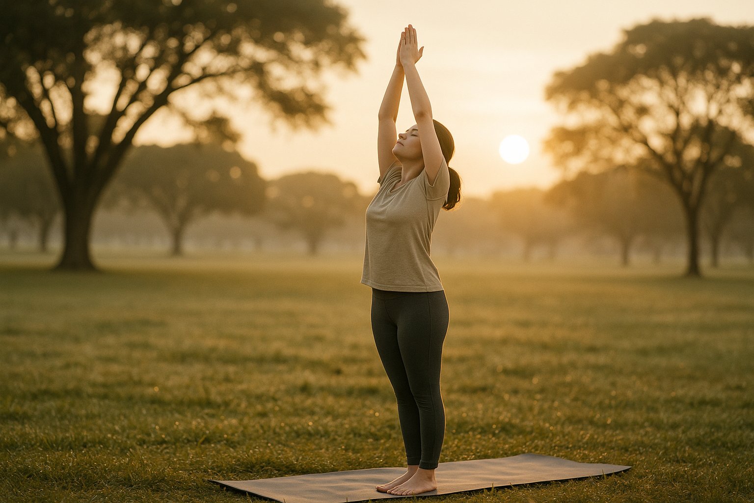 Mulher iniciando Surya Namaskar ao amanhecer em um parque do Guará I, Brasília-DF, com braços elevados e tapete sobre a grama, luz dourada suave.