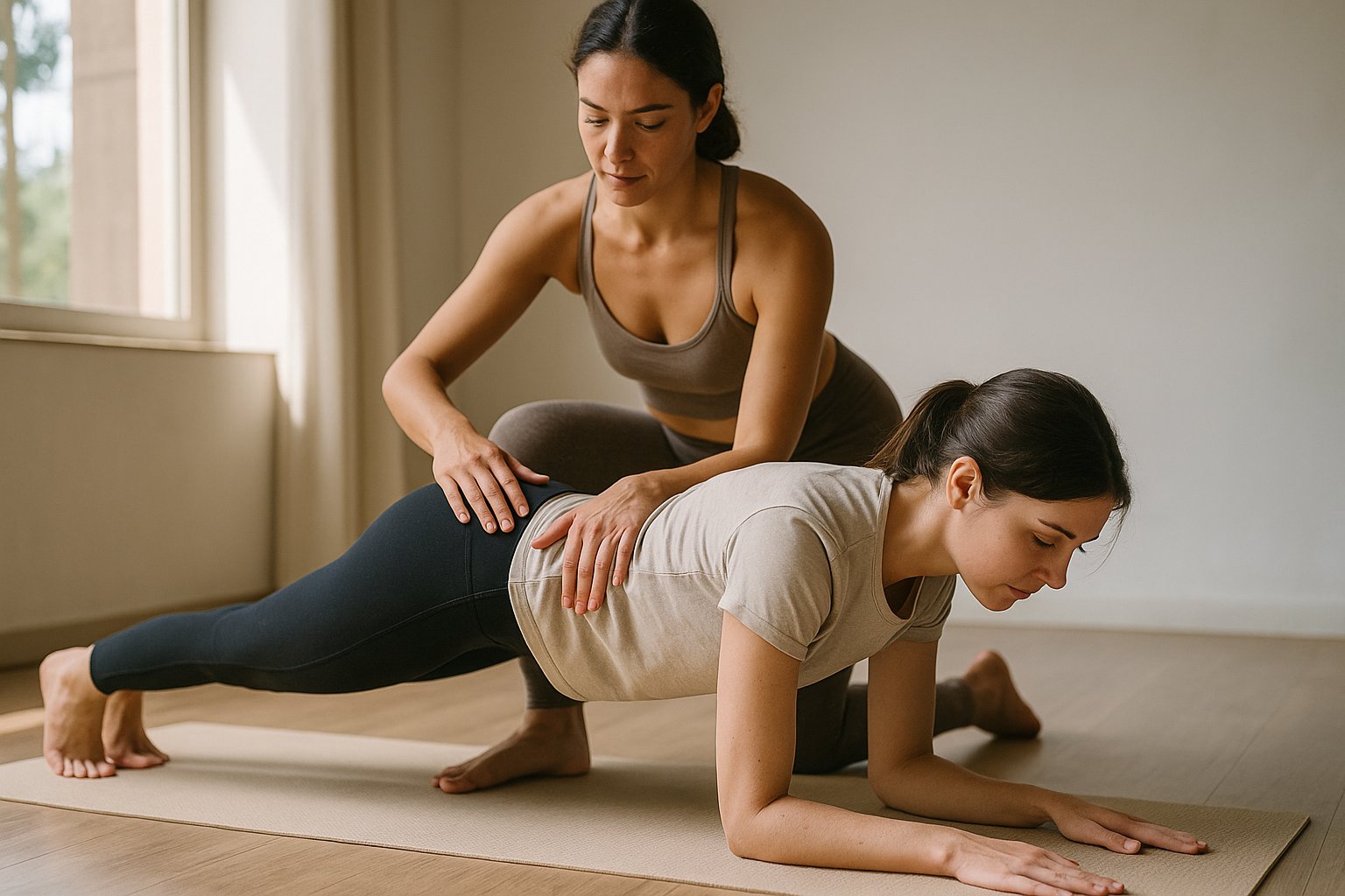 Professora ajustando uma aluna iniciante na prancha do Surya Namaskar em estúdio iluminado por luz natural, ambiente neutro e tranquilo no Guará I, Brasília-DF.