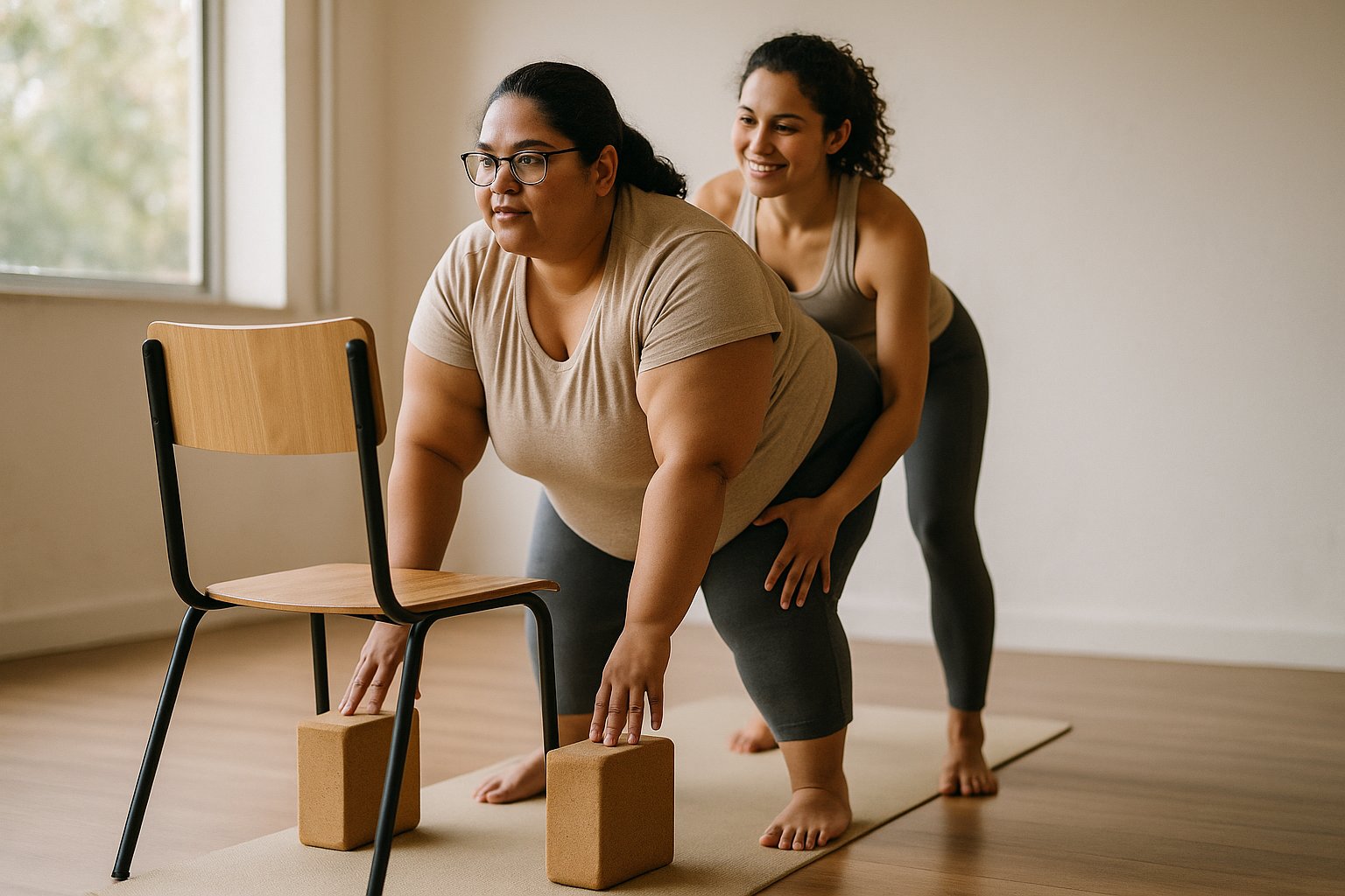 Pessoa iniciante de corpo maior pratica Surya Namaskar adaptado com blocos e cadeira, em estúdio iluminado por luz natural, com instrutora ao lado orientando com cuidado.