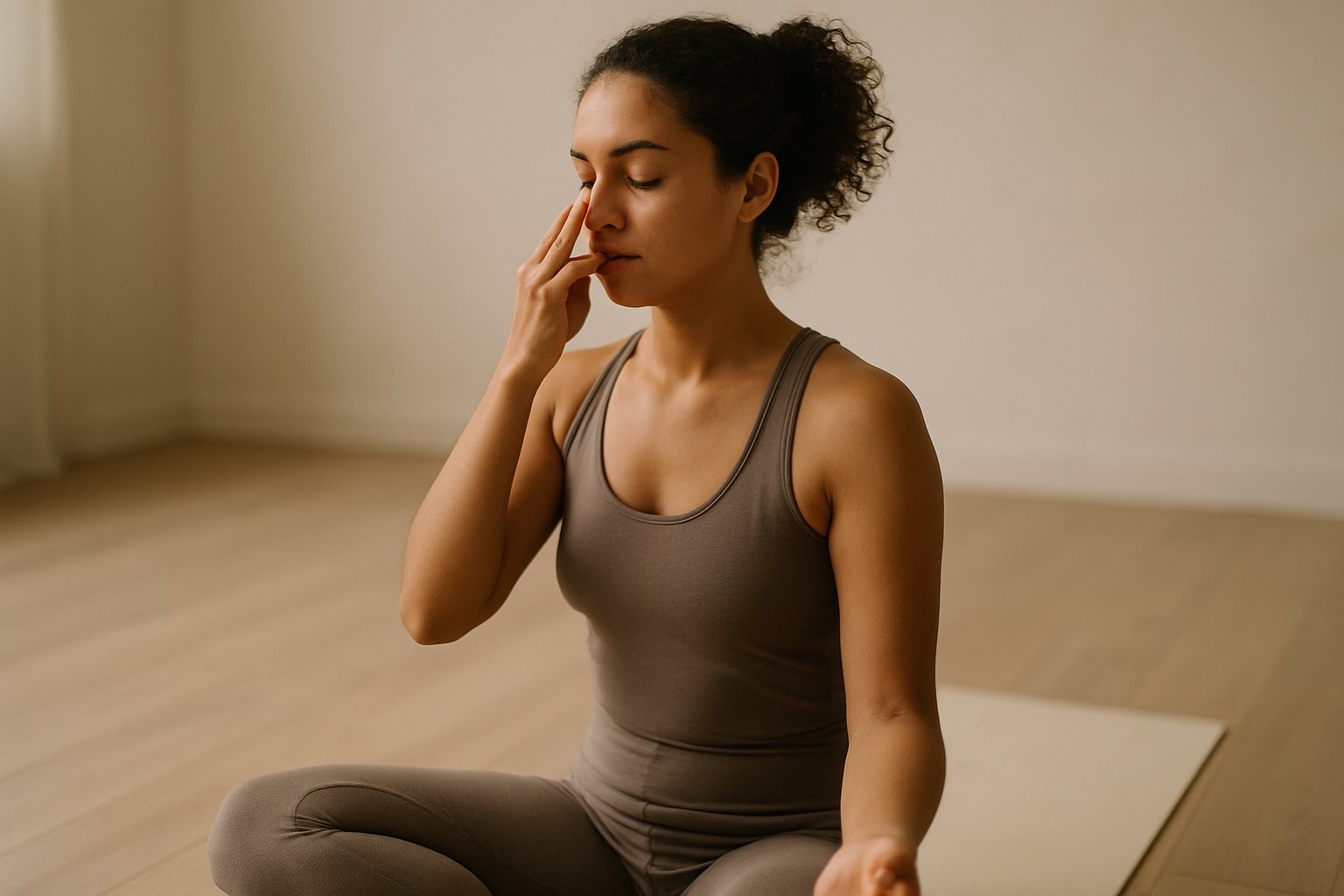 Pessoa em posição de meditação praticando respiração consciente com os olhos fechados