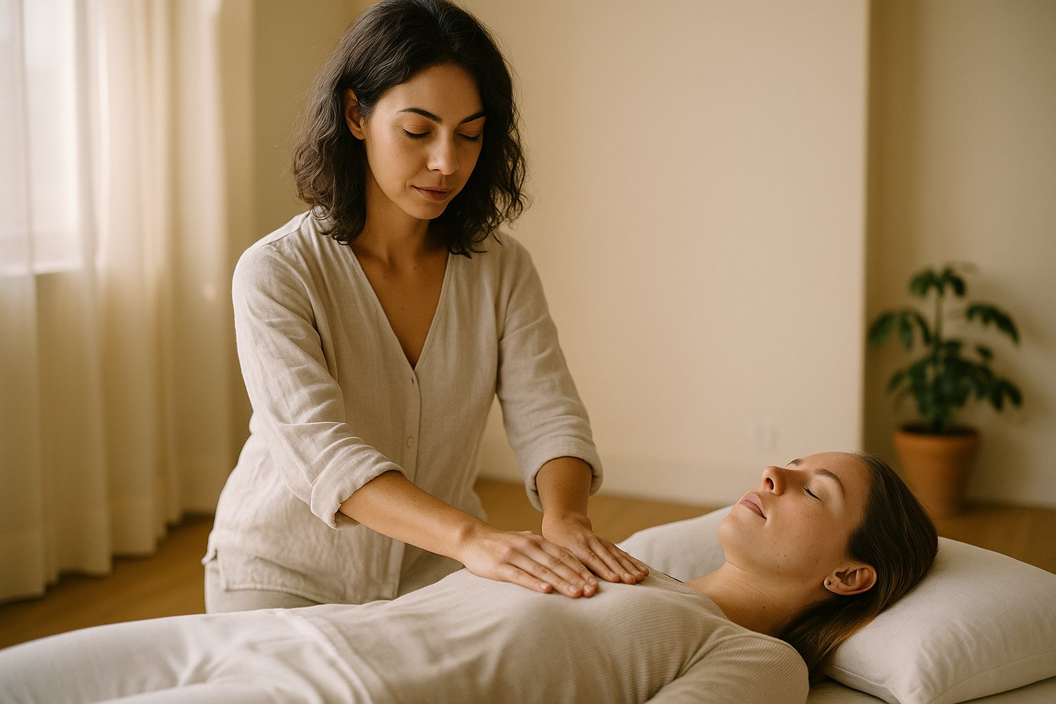 Terapeuta aplicando TQC Cura Quântica com toque leve no peito e abdômen de uma cliente deitada em maca, estúdio iluminado naturalmente no Guará I.