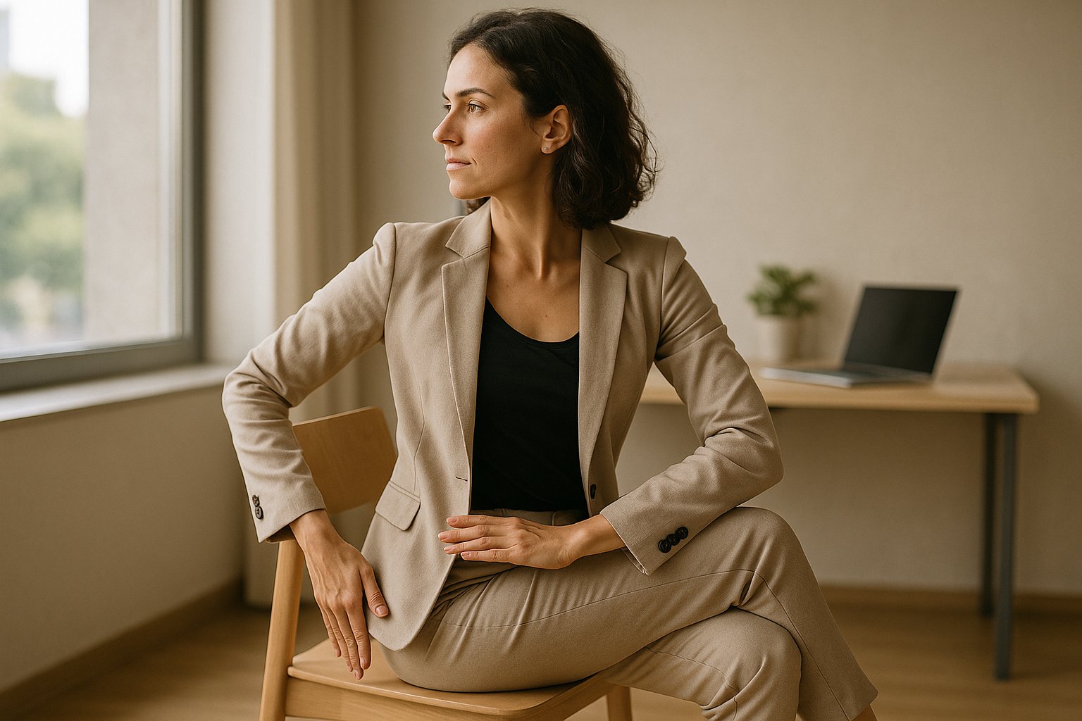 Pessoa praticando torção sentada em uma cadeira de escritório, coluna alongada e pés apoiados no chão, luz natural entrando pela janela em ambiente neutro no Guará I, Brasília-DF.