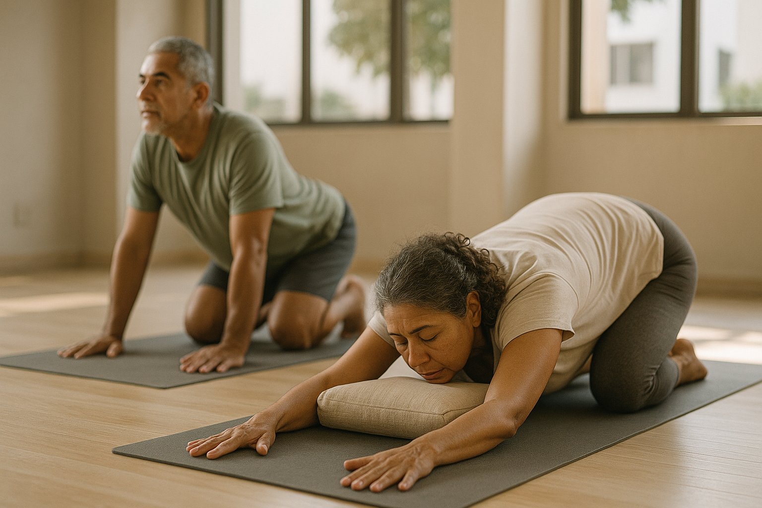 Adultos praticando movimentos suaves para a lombar em estúdio iluminado naturalmente no Guará I, com tapetes e acessórios, clima calmo e foco no alinhamento confortável.