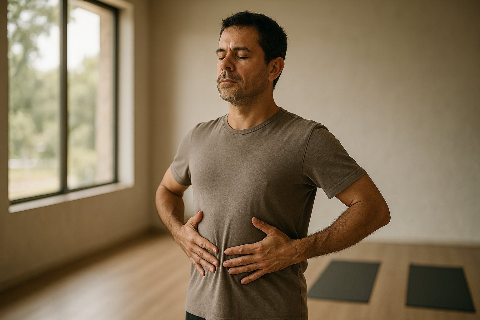Pessoa em pé no estúdio de yoga, mãos nas costelas laterais treinando respiração diafragmática, luz natural suave entrando pela janela no Guará I.