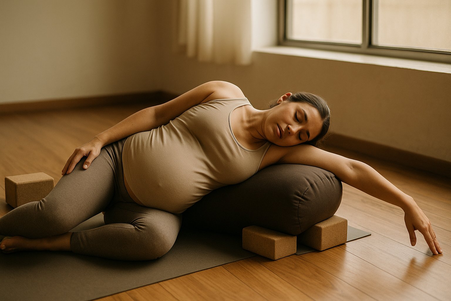 Gestante no segundo trimestre fazendo alongamento deitada de lado com suportes em estúdio iluminado por luz natural, piso de madeira e clima sereno.