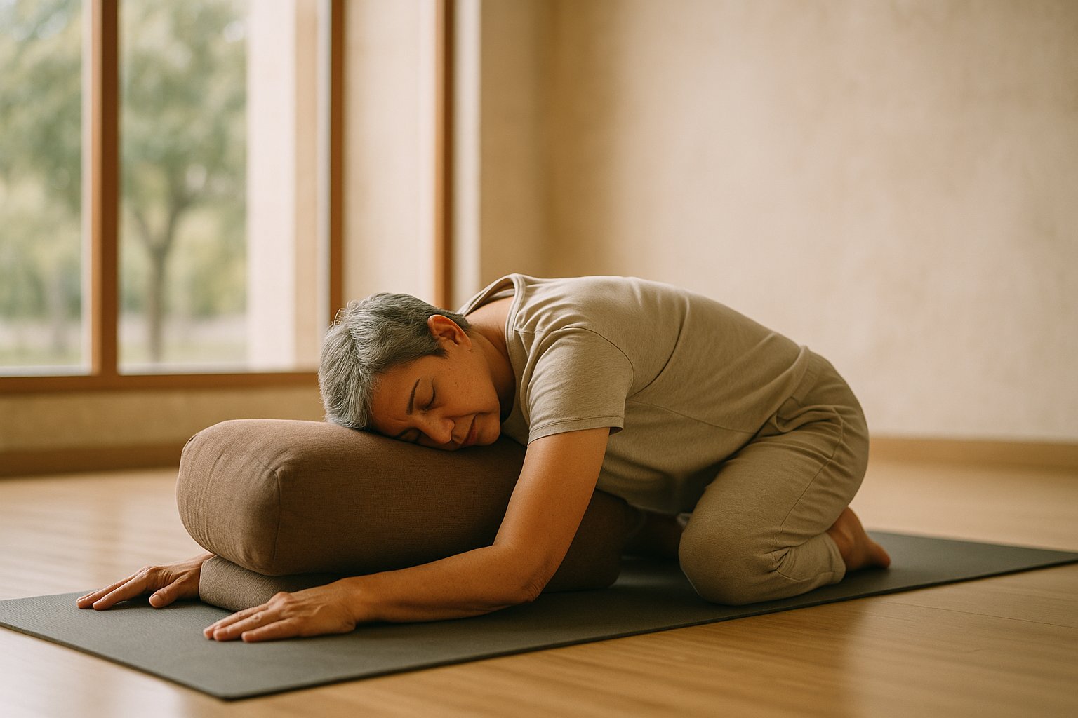 Pessoa de meia-idade em Balasana com suporte em estúdio iluminado por luz natural, cena calma e neutra no Espaço Sol, Brasília.