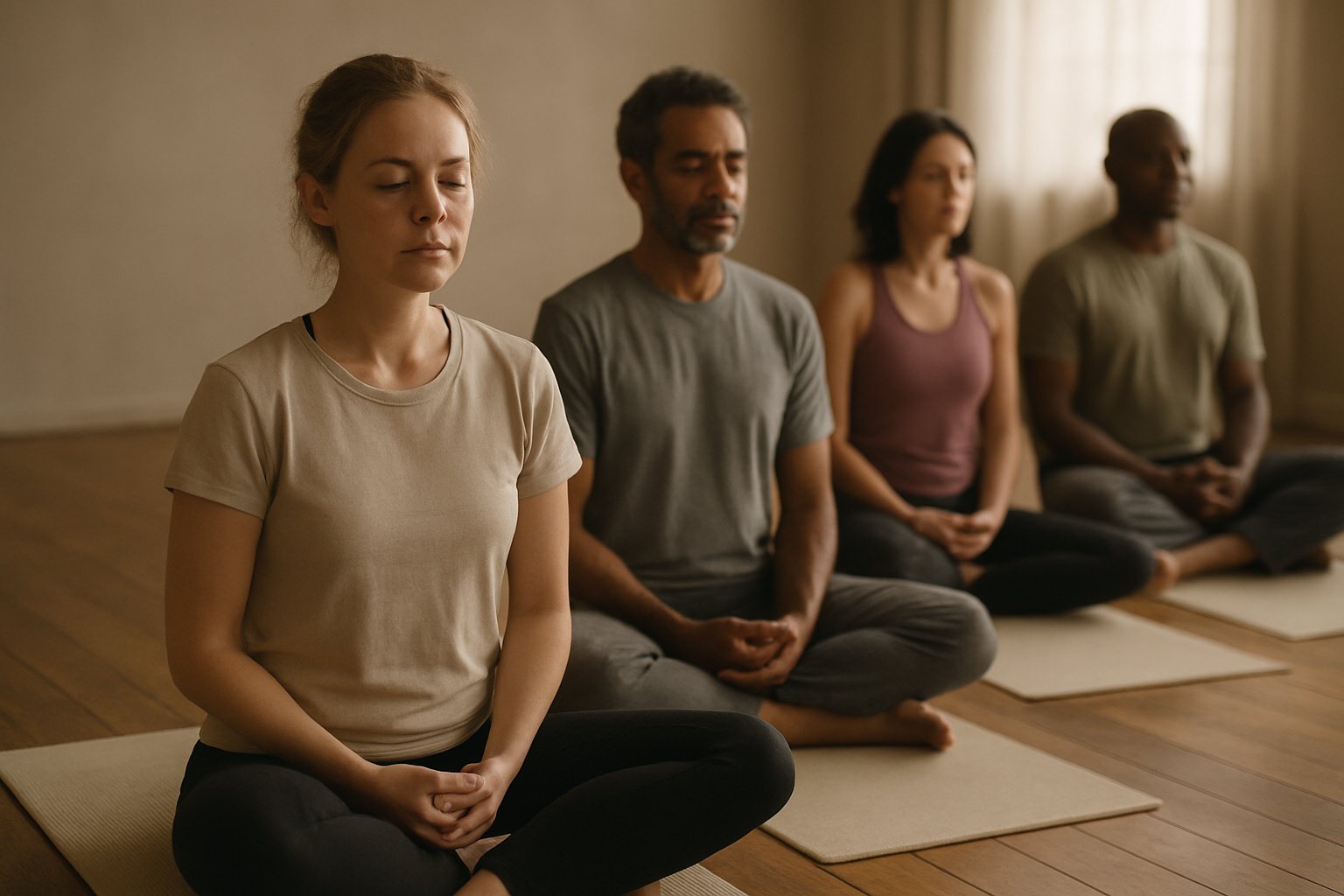 Grupo de praticantes em meditação ao final de uma aula de yoga em ambiente sereno
