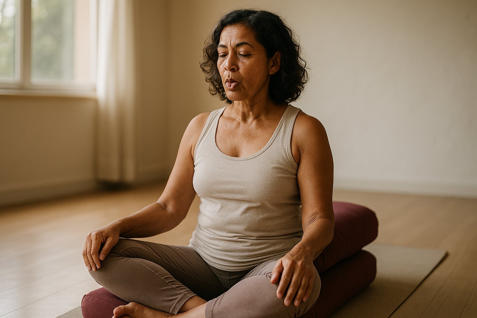 Mulher na meia-idade sentada em almofadas praticando respiração Sitali em estúdio de yoga iluminado pelo sol no Guará I, ambiente neutro e acolhedor.