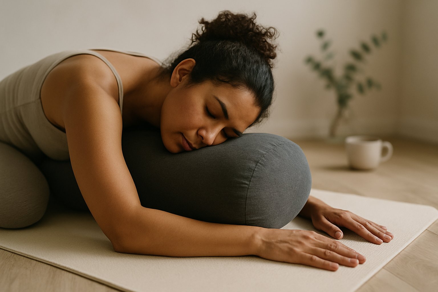 Praticante de yoga em postura restaurativa para alívio da ansiedade no Espaço Sol em Brasília