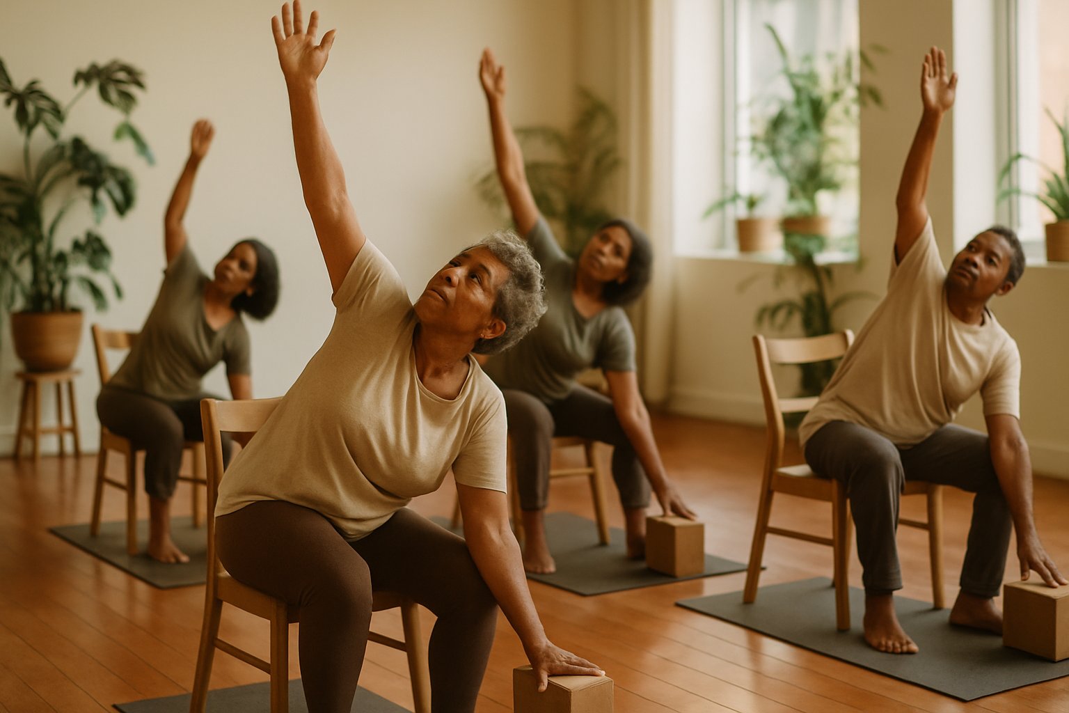 Grupo de idosos praticando yoga adaptado com auxílio de cadeiras em estúdio iluminado e acolhedor