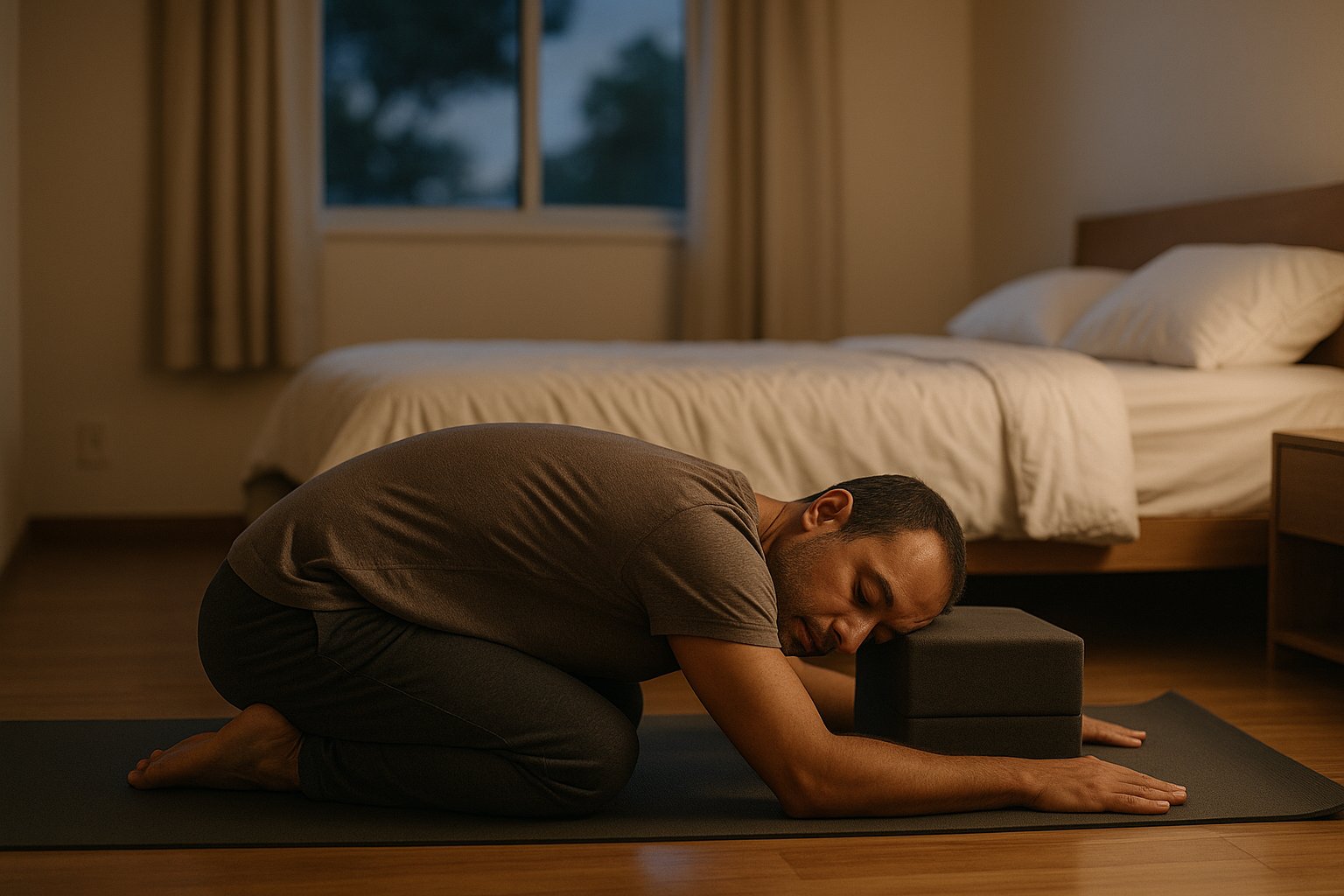 Pessoa em Balasana apoiada ao lado da cama, luz suave do início da noite, ambiente acolhedor e minimalista, acessórios de yoga simples e cores neutras.