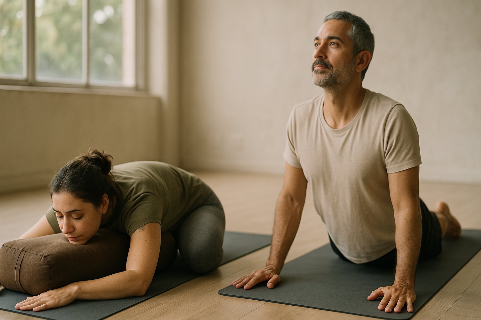Duas pessoas em um estúdio iluminado praticando: uma em balasana apoiada e outra em cobra baixa, atmosfera calma e luz natural.