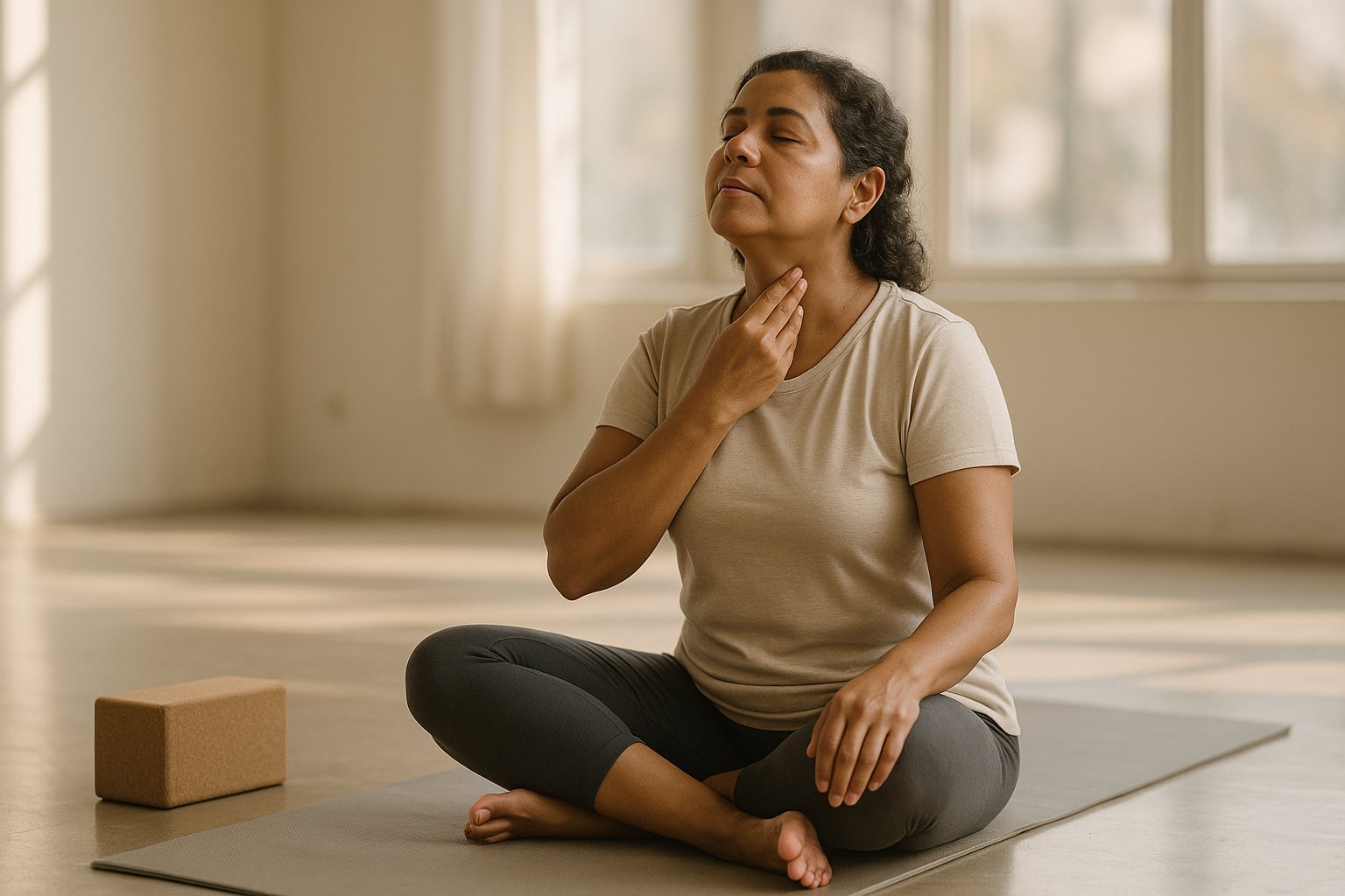 Mulher brasileira de meia-idade sentada em um estúdio de yoga em Brasília, com a mão no pescoço sentindo o pulso e um bloco de yoga ao lado, luz suave da manhã.