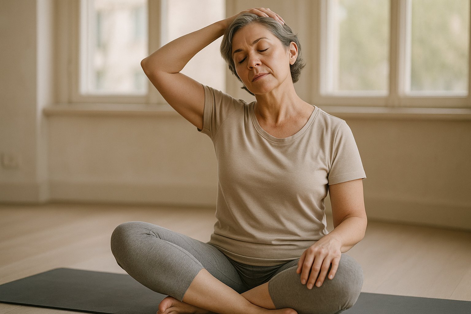 Mulher de meia-idade em estúdio iluminado, fazendo alongamento suave do pescoço, com cicatriz discreta na região da tireoide, sentada sobre um mat de yoga.