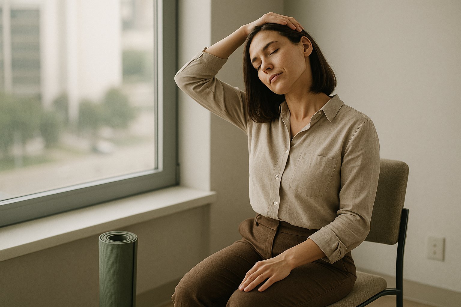 Pessoa sentada perto da janela fazendo alongamento suave de pescoço com um tapete de yoga ao lado, luz natural e ambiente de escritório discreto.